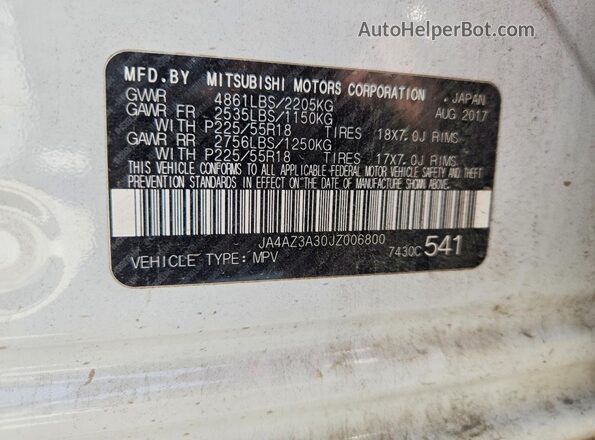 JA4AZ3A30JZ006800 2018 MITSUBISHI OUTLANDER White Vista interior de 360 grados