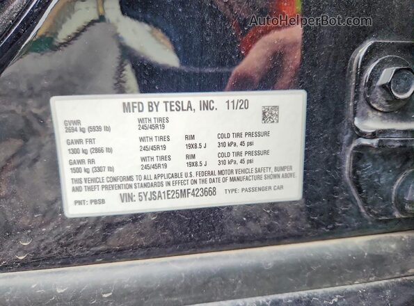 5YJSA1E25MF423668 2021 TESLA MODEL Black VIN კოდის სტიკერის ხედი
