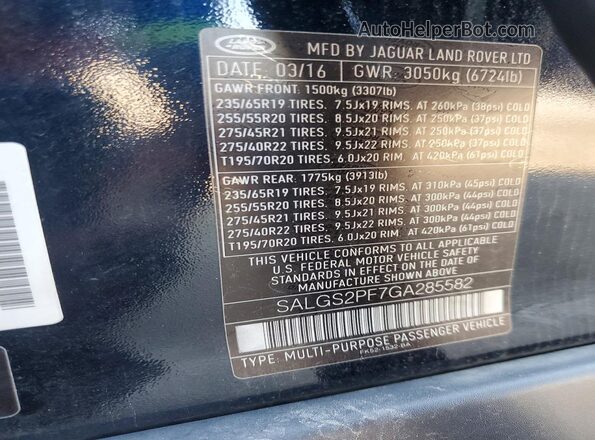 SALGS2PF7GA285582 2016 LAND ROVER RANGE ROVER Blue Vista interior de 360 grados
