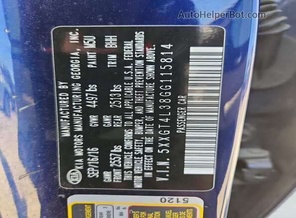 5XXGT4L38GG115814 2016 KIA OPTIMA Blue Vista de la etiqueta del VIN