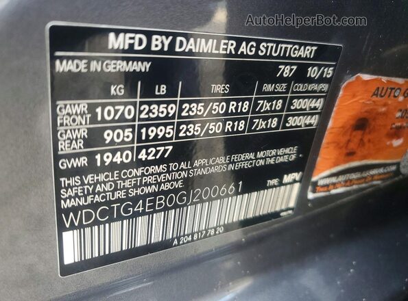 WDCTG4EB0GJ200661 2016 MERCEDES-BENZ GLA Gray Vista de la etiqueta del VIN