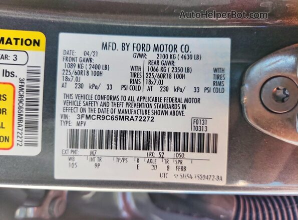 3FMCR9C65MRA72272 2021 FORD BRONCO Gray Widok naklejki z numerem VIN