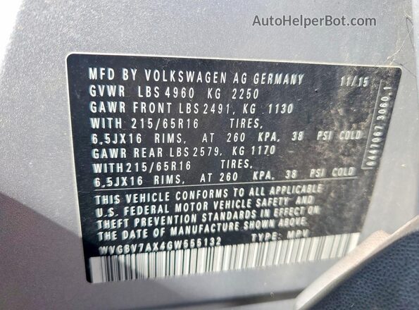 WVGBV7AX4GW555132 2016 VOLKSWAGEN TIGUAN Серебряный Вид наклейки с VIN-кодом