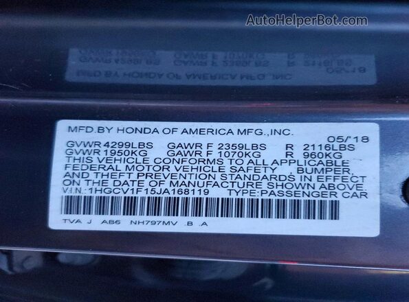 1HGCV1F15JA168119 2018 HONDA ACCORD Silver VIN կոդի պիտակի տեսք