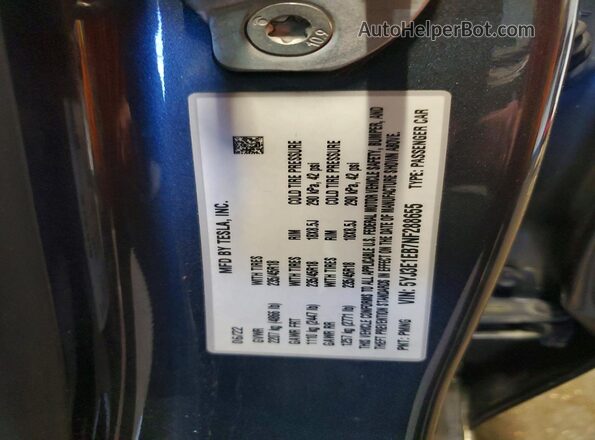 5YJ3E1EB7NF288655 2022 TESLA MODEL Black VIN sticker view