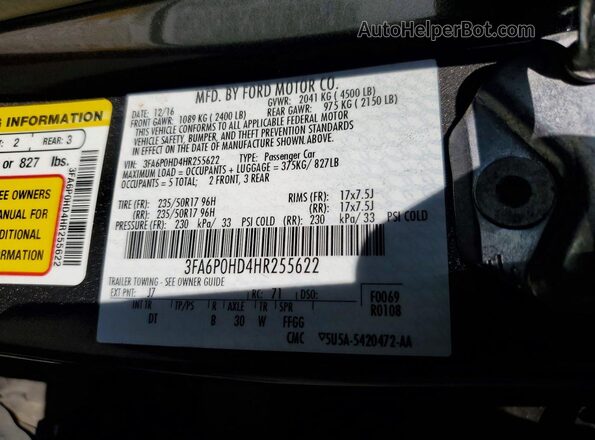 3FA6P0HD4HR255622 2017 FORD FUSION Gray VIN կոդի պիտակի տեսք