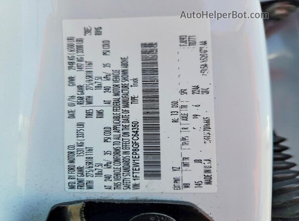 1FTEW1EP8GFC64350 2016 FORD F150 White VIN კოდის სტიკერის ხედი