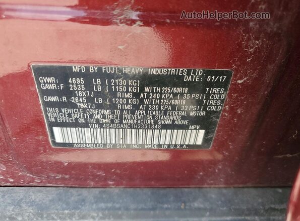 4S4BSANC1H3331848 2017 SUBARU OUTBACK Maroon Widok naklejki z numerem VIN