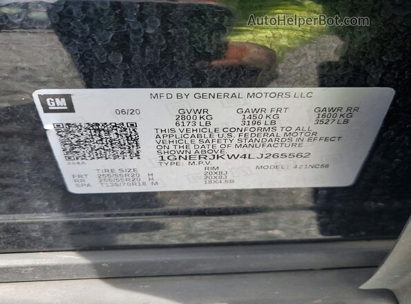 1GNERJKW4LJ265562 2020 CHEVROLET TRAVERSE Black Widok wnętrza 360 stopni