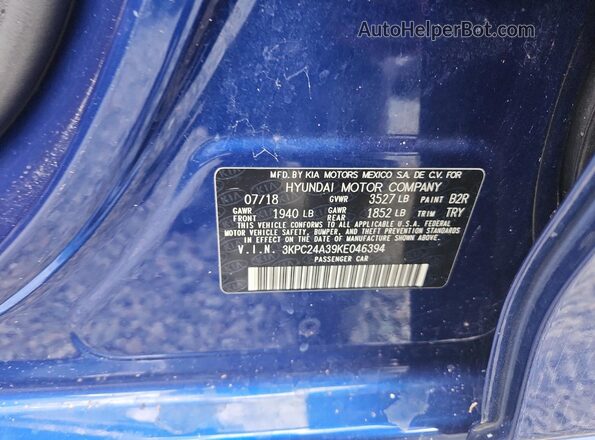 3KPC24A39KE046394 2019 HYUNDAI ACCENT Blue Widok naklejki z numerem VIN