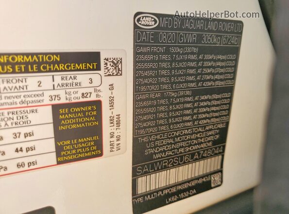 SALWR2SU6LA748044 2020 LAND ROVER RANGE White 360 interior view