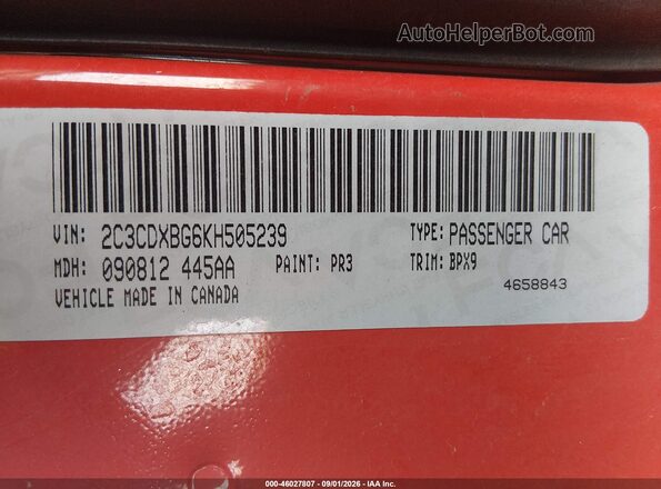 2C3CDXBG6KH505239 2019 DODGE CHARGER Красный Вид подкапотного пространства