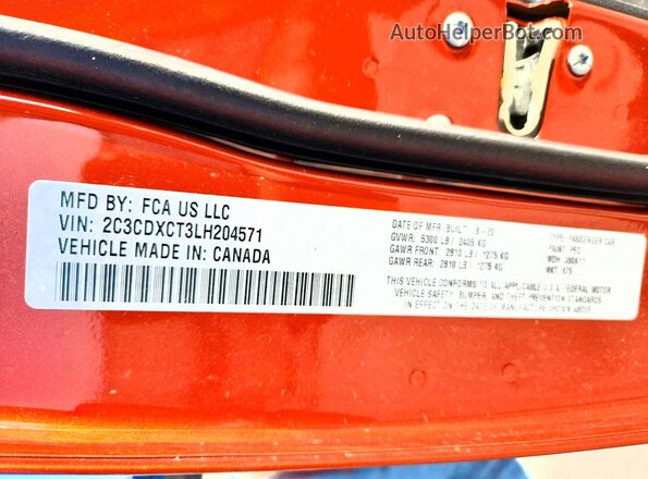 2C3CDXCT3LH204571 2020 DODGE CHARGER Orange Вид підкапотного простору