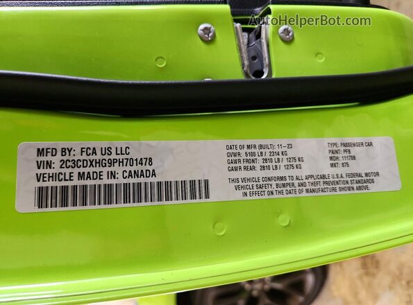 2C3CDXHG9PH701478 2023 DODGE CHARGER Green Вид наклейки з VIN-кодом