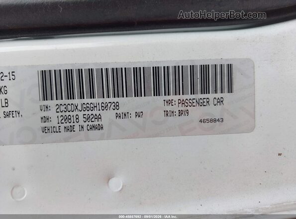 2C3CDXJG6GH160738 2016 DODGE CHARGER White Widok komory silnika