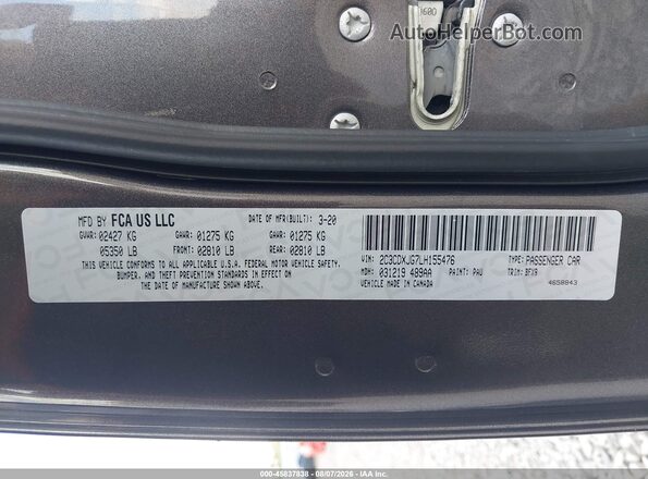 2C3CDXJG7LH155476 2020 DODGE CHARGER Black ძრავის განყოფილების ხედი
