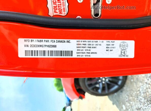 2C3CDXMG7PH623868 2023 DODGE CHARGER Orange VIN sticker view