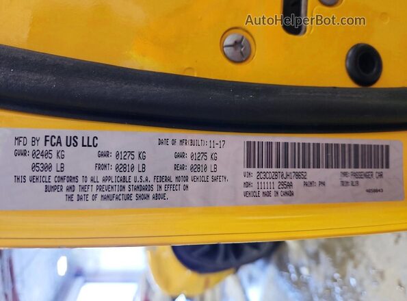 2C3CDZBT0JH178652 2018 DODGE CHALLENGER Yellow Вид наклейки з VIN-кодом