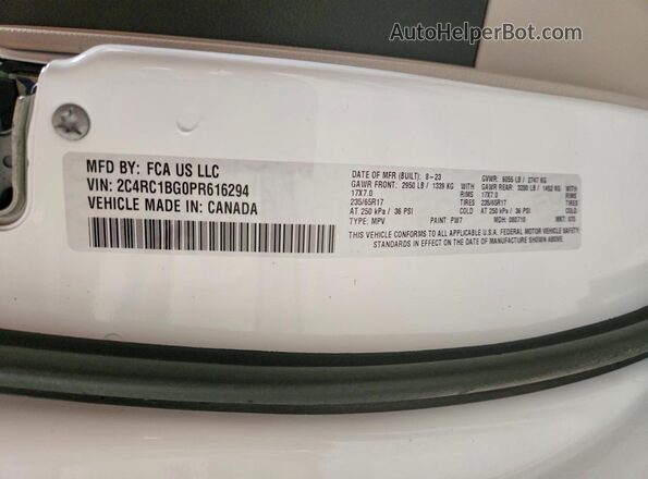 2C4RC1BG0PR616294 2023 CHRYSLER PACIFICA White Вид наклейки з VIN-кодом