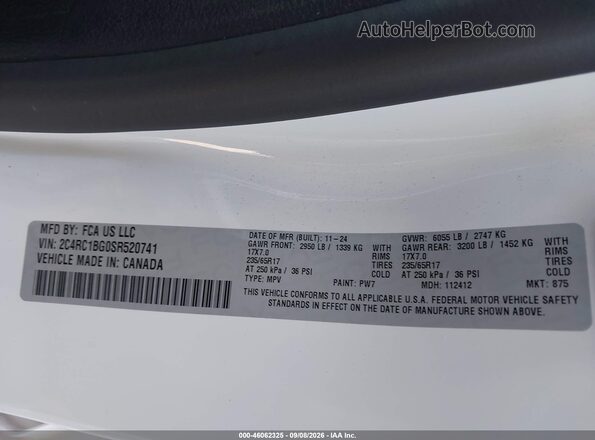 2C4RC1BG0SR520741 2025 CHRYSLER PACIFICA White Engine compartment view