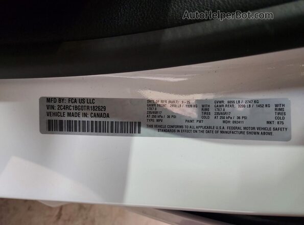 2C4RC1BG0TR182629 2026 CHRYSLER PACIFICA White Vista de la etiqueta del VIN