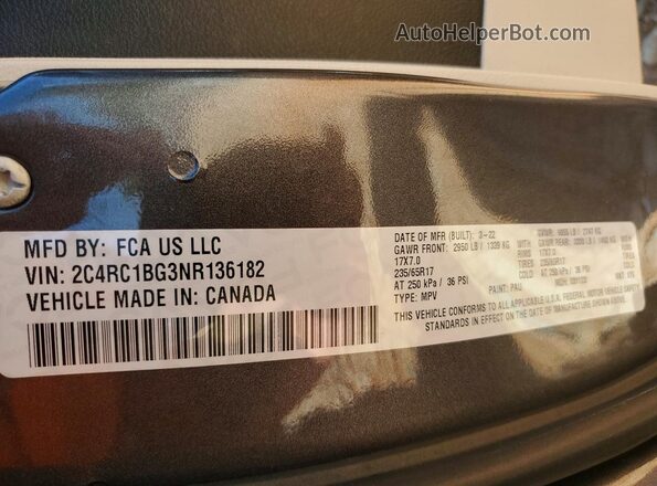 2C4RC1BG3NR136182 2022 CHRYSLER PACIFICA Серый Вид наклейки с VIN-кодом