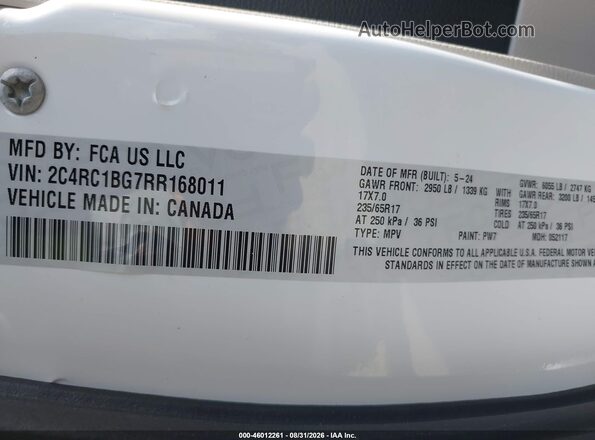 2C4RC1BG7RR168011 2024 CHRYSLER PACIFICA White Vista del compartimento del motor
