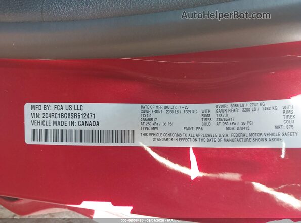 2C4RC1BG8SR612471 2025 CHRYSLER PACIFICA Red Vista del compartimento del motor