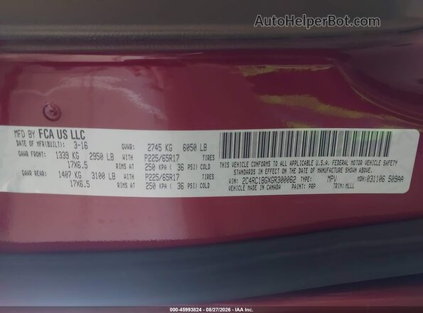 2C4RC1BGXGR300062 2016 CHRYSLER TOWN & COUNTRY Red ძრავის განყოფილების ხედი