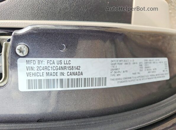 2C4RC1CG4NR158142 2022 CHRYSLER VOYAGER Gray Vista de la etiqueta del VIN