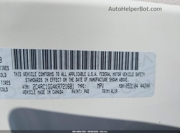 2C4RC1GG4KR721681 2019 CHRYSLER PACIFICA Cream Вид підкапотного простору