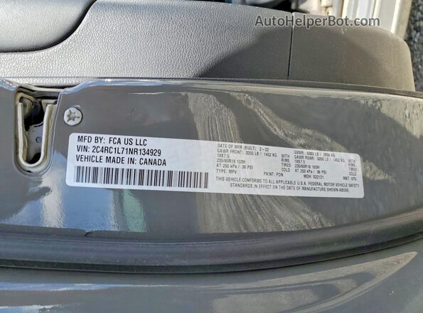 2C4RC1L71NR134929 2022 CHRYSLER PACIFICA Серый Панорамный вид салона 360°