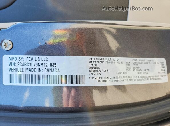 2C4RC1L79NR121085 2022 CHRYSLER PACIFICA Charcoal Widok wnętrza 360 stopni
