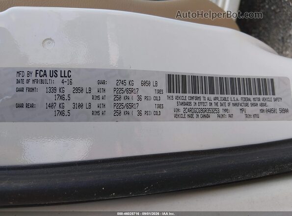2C4RDGCG9GR353253 2016 DODGE GRAND CARAVAN White Շարժիչի բաժամունքի տեսք