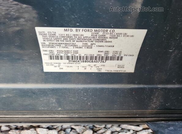 2FMGK5B80GBA07267 2016 FORD FLEX Turquoise Vista de la etiqueta del VIN