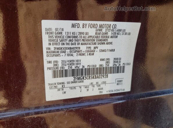 2FMGK5C85KBA02928 2019 FORD FLEX Burgundy Vista de la etiqueta del VIN