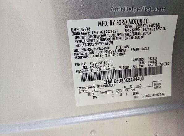 2FMHK6D85KBA04400 2019 FORD FLEX Silver Սալոնի 360 աստիճան տեսք