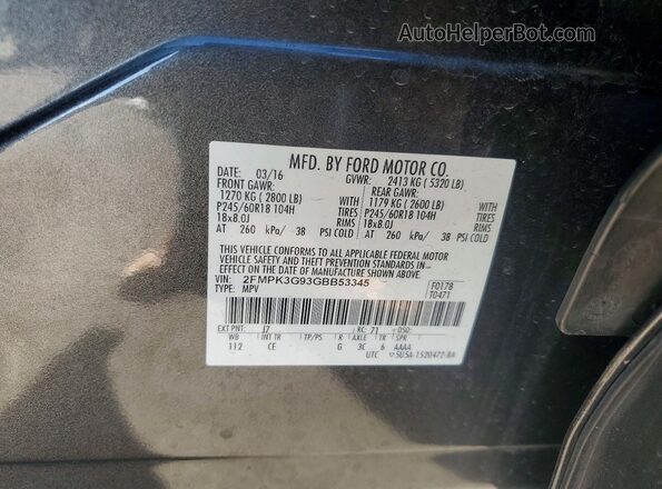 2FMPK3G93GBB53345 2016 FORD EDGE Gray Вид наклейки з VIN-кодом