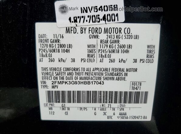 2FMPK3G93HBB17043 2017 FORD EDGE Black Widok naklejki z numerem VIN