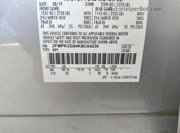 2FMPK3G94KBC64236 2019 FORD EDGE Silver Widok komory silnika