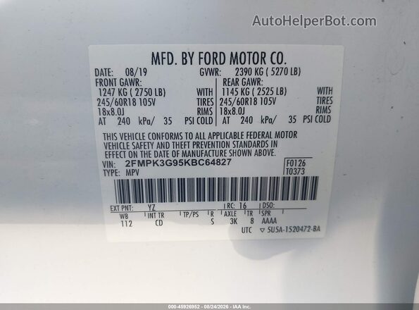 2FMPK3G95KBC64827 2019 FORD EDGE White Widok komory silnika
