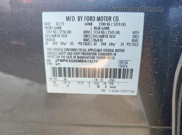 2FMPK3G95MBA14216 2021 FORD EDGE Gray Vista de la etiqueta del VIN