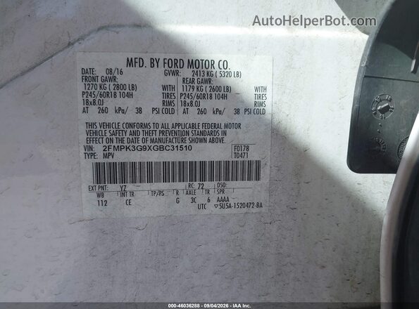 2FMPK3G9XGBC31510 2016 FORD EDGE White Widok komory silnika