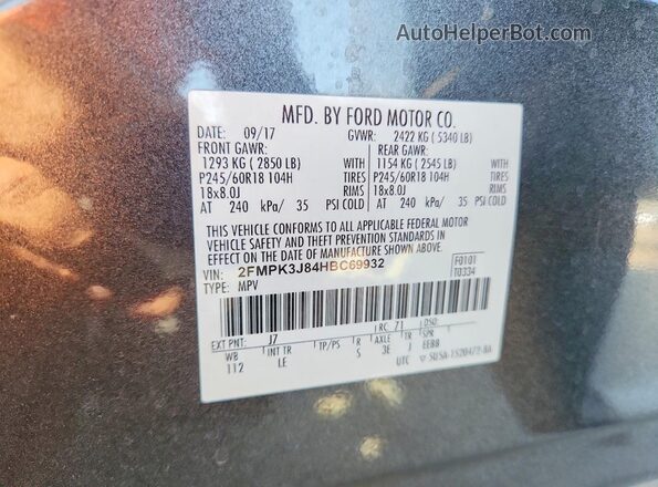 2FMPK3J84HBC69932 2017 FORD EDGE Charcoal ძრავის განყოფილების ხედი