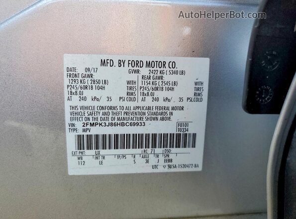 2FMPK3J86HBC69933 2017 FORD EDGE Silver Vista de la etiqueta del VIN