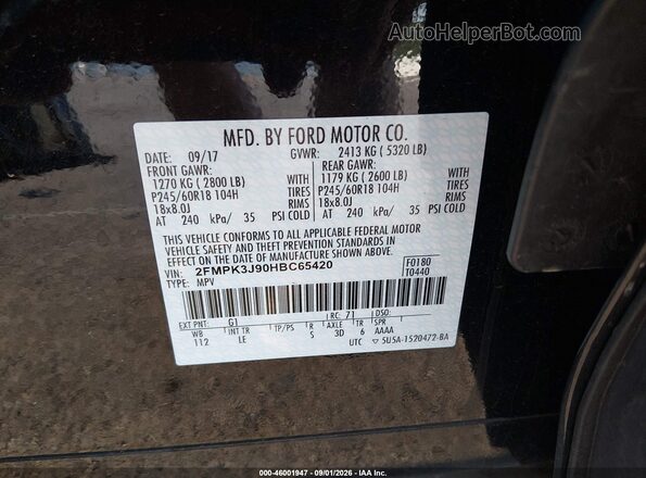 2FMPK3J90HBC65420 2017 FORD EDGE Black Vista del compartimento del motor