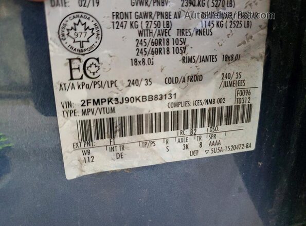 2FMPK3J90KBB83131 2019 FORD EDGE Blue Vista de la etiqueta del VIN