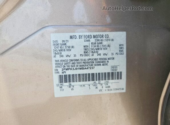 2FMPK3J91MBA47237 2021 FORD EDGE Tan VIN კოდის სტიკერის ხედი