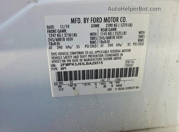 2FMPK3J93LBA29515 2020 FORD EDGE White VIN კოდის სტიკერის ხედი