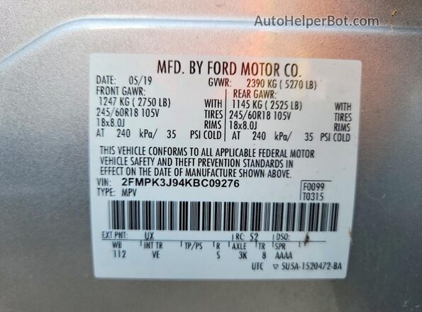 2FMPK3J94KBC09276 2019 FORD EDGE Silver Vista del compartimento del motor